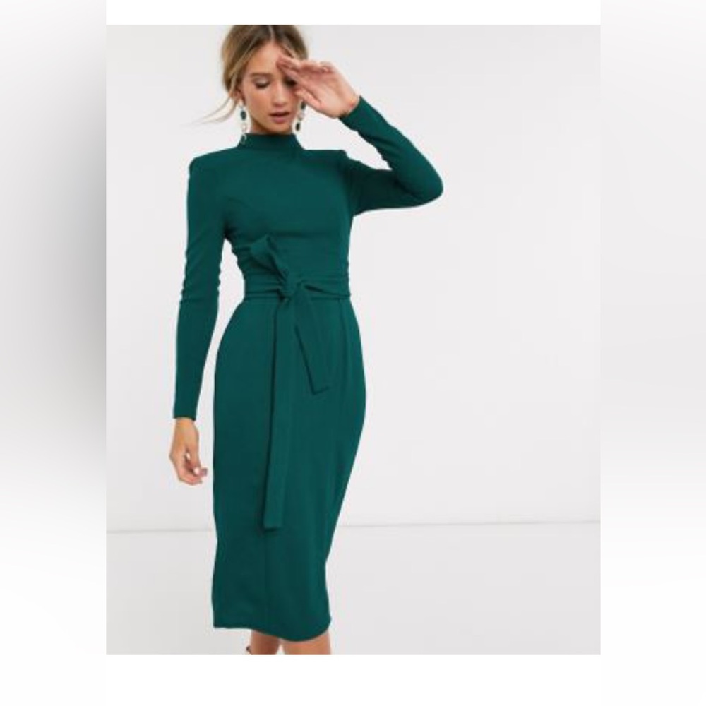 ASOS DESIGN long sleeve midi dress with obi belt in forest green